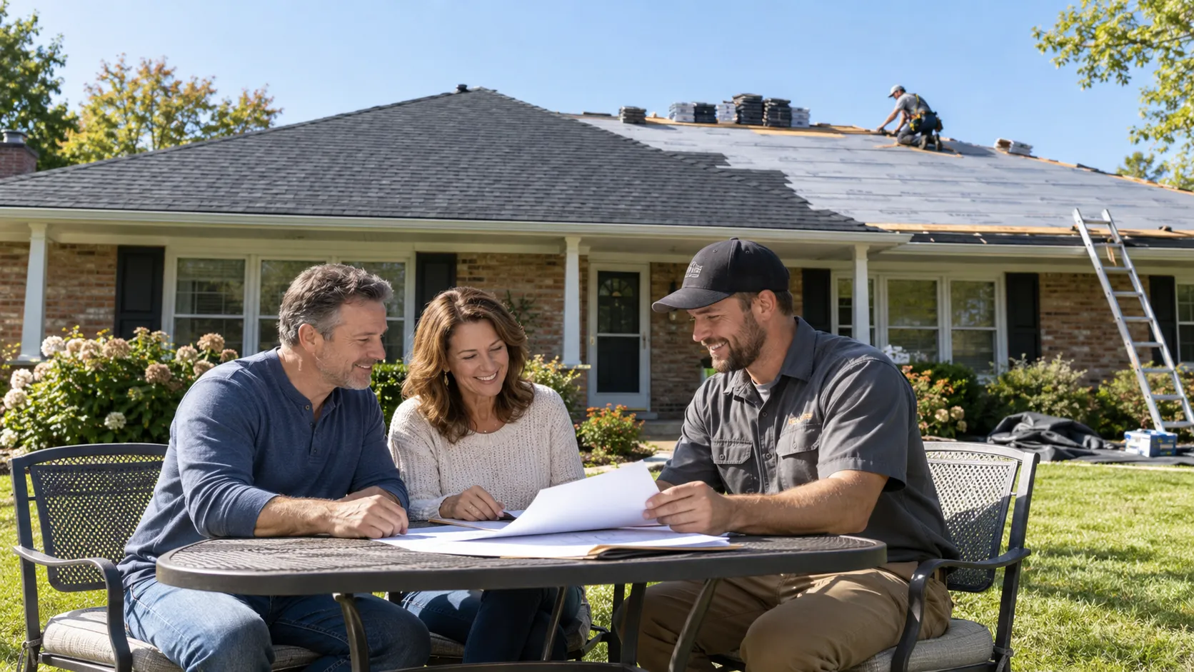 Homeowner couple reviewing a roof replacement estimate with a local roofing provider in Romeo